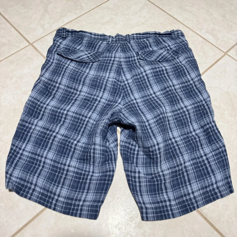 Saks Fifth Avenue Threads Shorts Mens 33 Blue Plaid 100% Linen Flat Front Summer